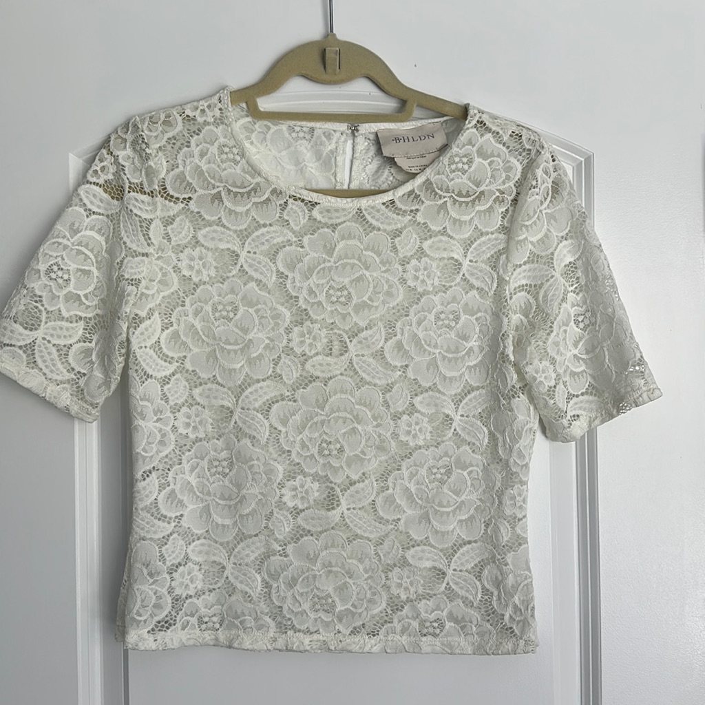 Bhldn White Short Sleeve Lace Blouse Medium